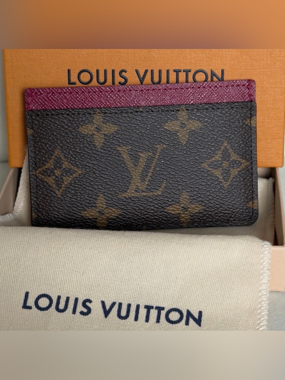 Louis Vuitton Logo Monogram Burgundy Card Holder Wallet RFID CHIPPED w/ Box